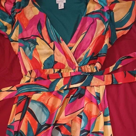 Nicole Miller NY Colorful Wrap Dress Belted Waist Classy Easter Spring Summer L - Picture 4 of 8